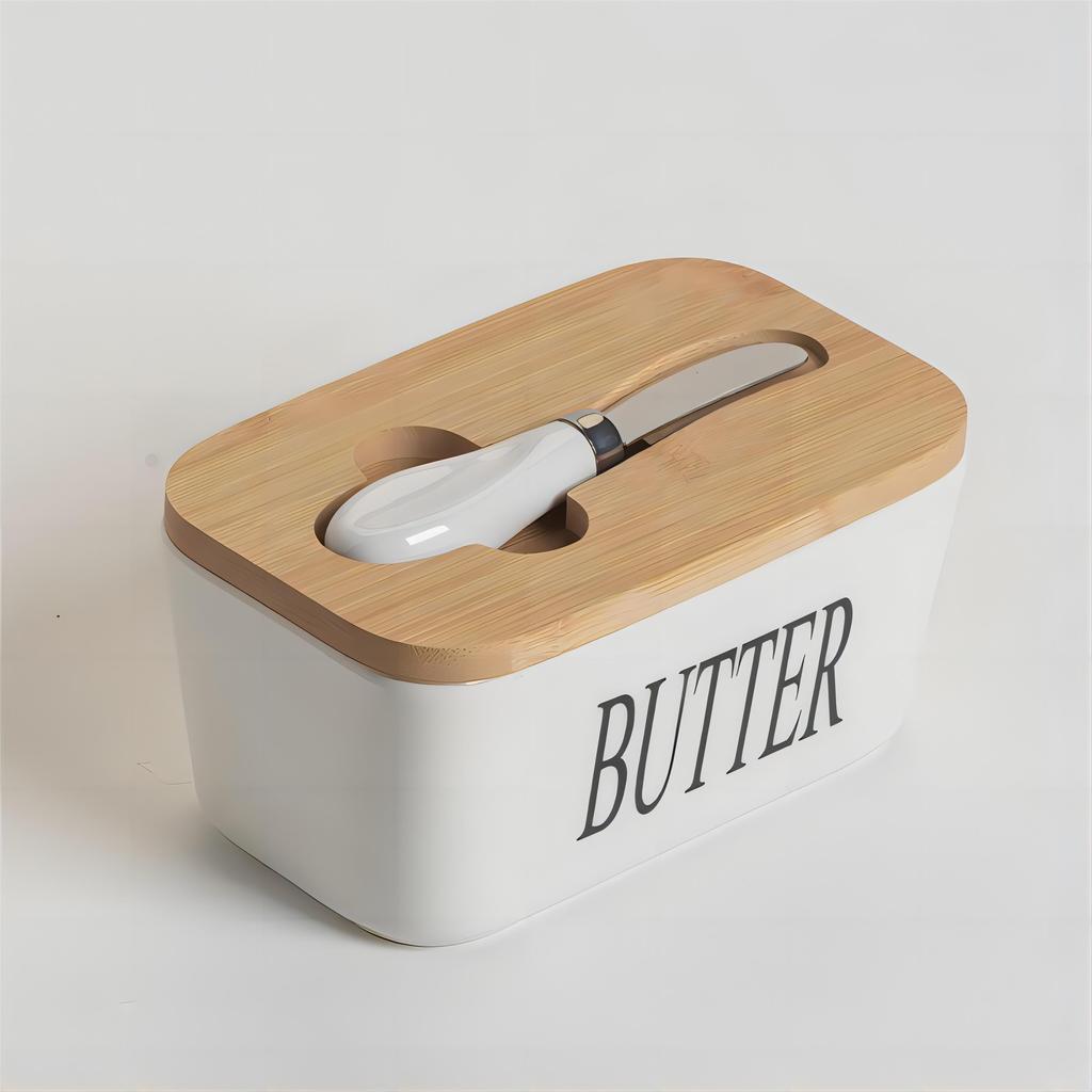 Ceramic Butter Boxes Dishes Cans Cheese Trays Vertical Containers Kitchen Food Storage Containers with Round Wooden Covers Boxes