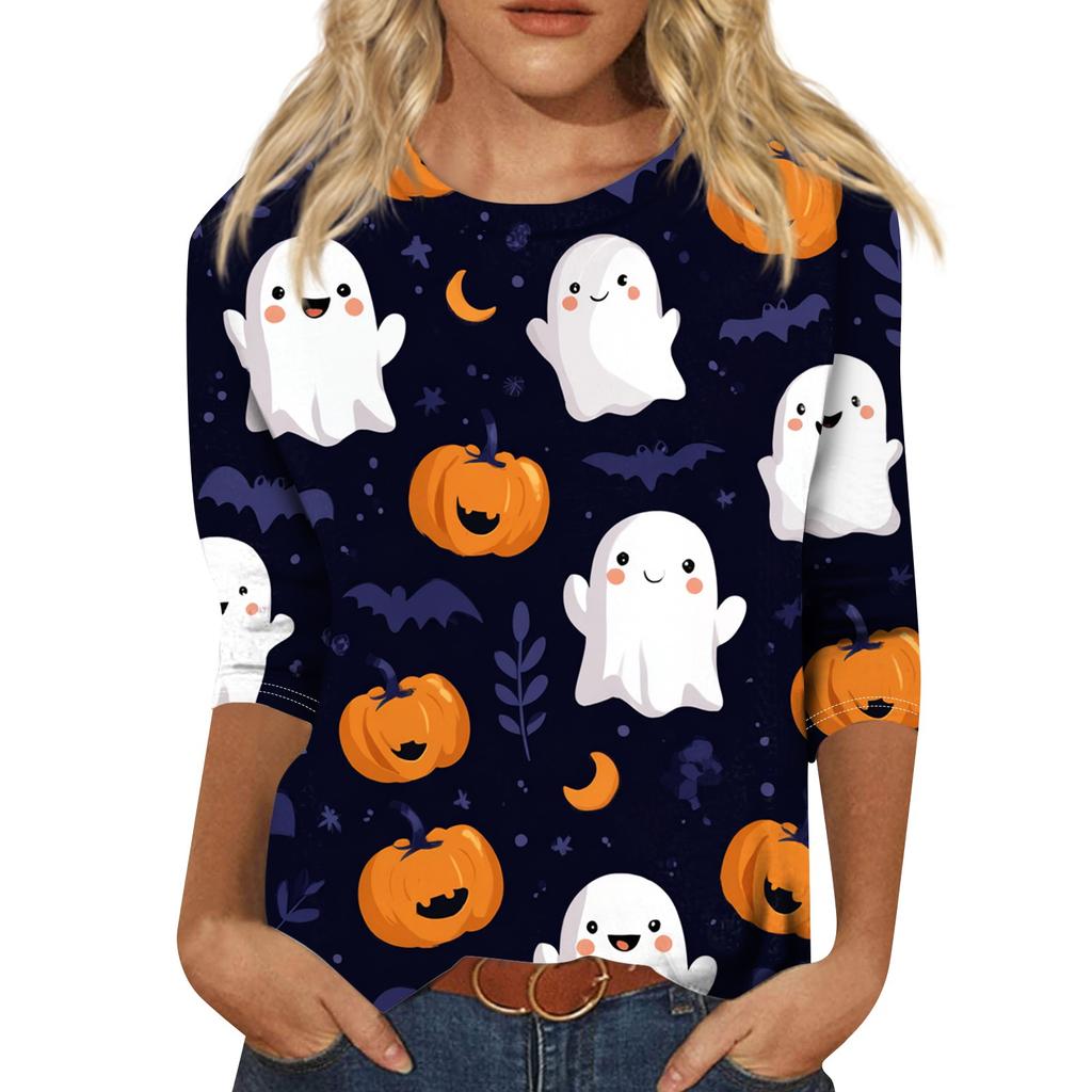 Damenmode Lässig Rundhals Dreiviertelarm Halloween Bedrucktes T-Shirt Top