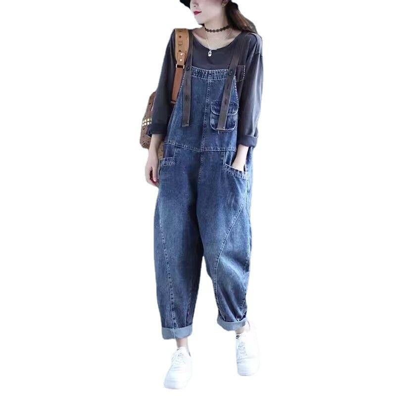 Korean Style Plus Size Women's Loose Denim Overalls - Slimming Harem Casual Jeans
