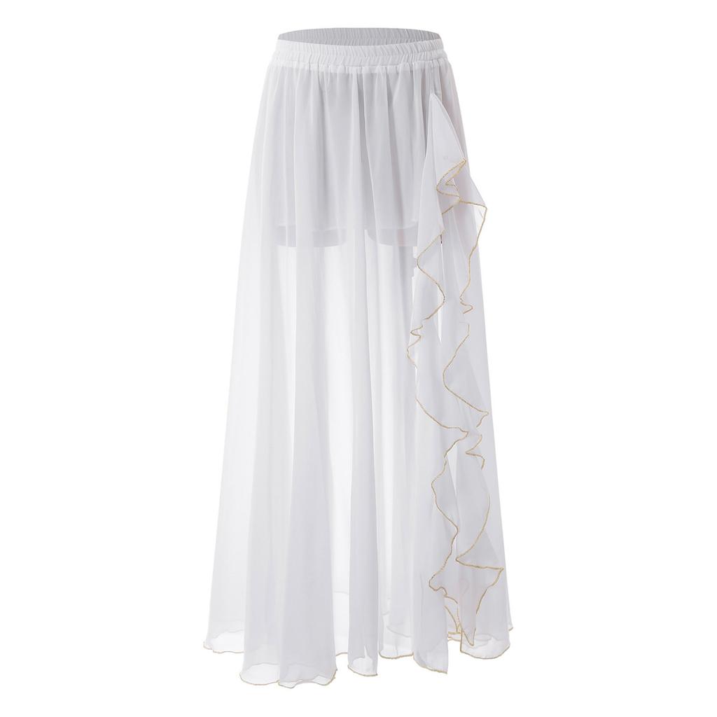 Gonna Chiffon Danza del Ventre da Donna Vita Elastica Volant a Cascata Spacco Laterale Costume da Ballo Svasato