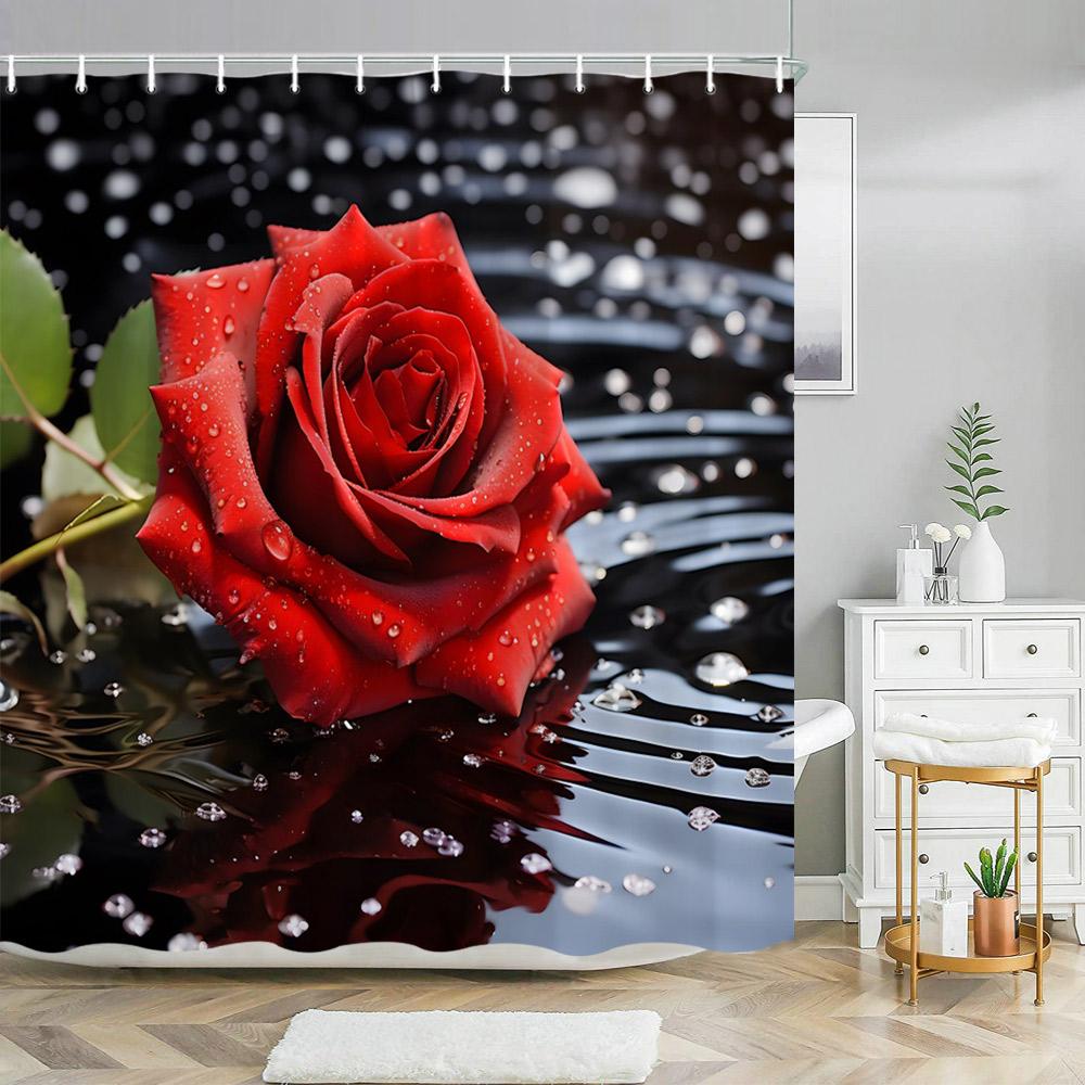 Paris Eiffel Tower Pink Shower Curtain Valentine's Day Flowers and Butterflies Polyester Washable Shower Curtains Bathroom Decor