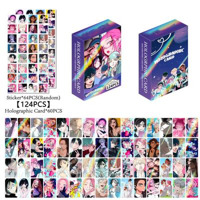 124 Pieces Holographic Mini Sticker Cards Set Double-Sided LOMO Cards Collection with Anime Style Artwork for Decorative Use and Collecting