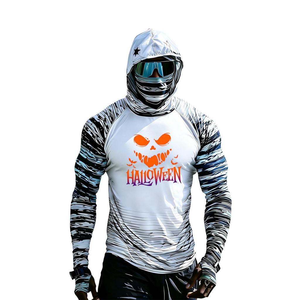 Men's Casual Raglan Color-Block Hooded Long Sleeve Sun T-Shirt with Halloween Print (Sunglasses Not Included)