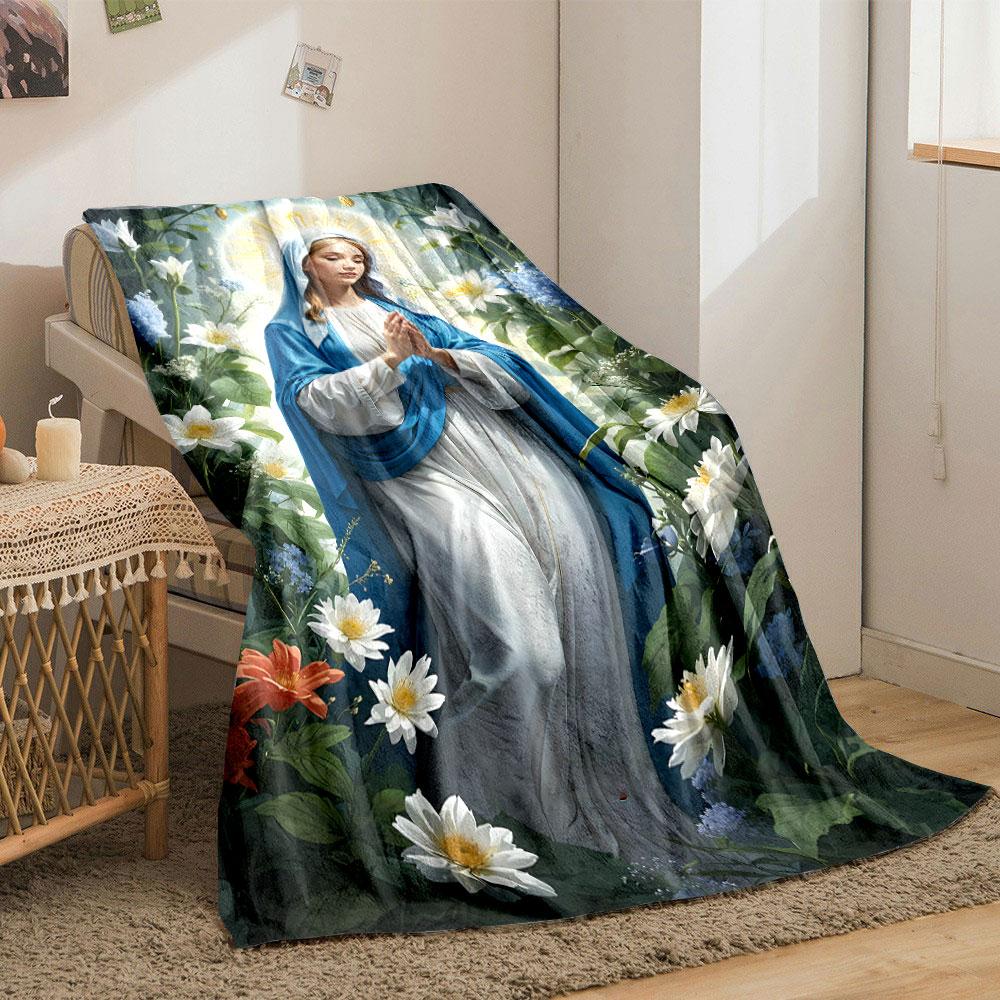 Virgin Mary Praying Floral Blanket Printed Blanket for Living Room Bed Couch Lunch Break Soft Cozy Blanket for Friend's Festival Gift