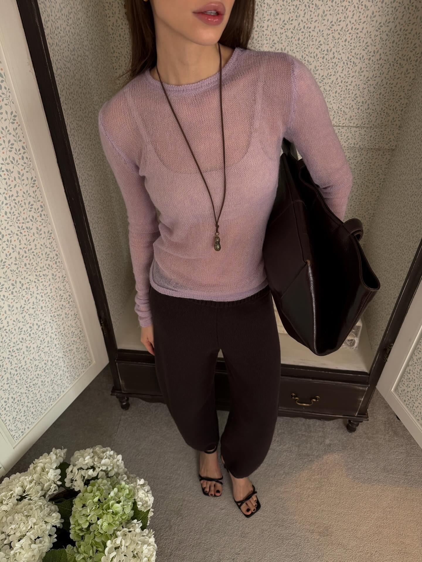 2026 new European and American style round neck thin knitted sweater women s long-sleeved perspective sweater candy-colored fashion top S