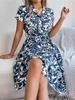V Neck Printed Button Dress Waist Hugging Elegant Stringy Selvedge Dress for Women Batwing Sleeve Loose Dresses Causal Dress