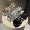 Eilyken New Summer Design Sequin Cloth Platform Wedges Slippers Women Street Style PVC Transparent Heels Banquet Shoes