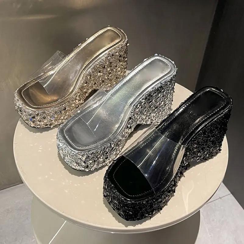 Eilyken New Summer Design Sequin Cloth Platform Wedges Slippers Women Street Style PVC Transparent Heels Banquet Shoes
