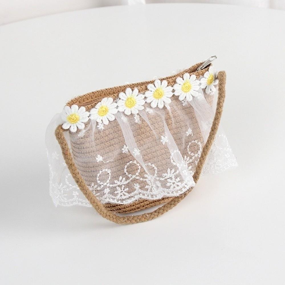Wide Brim Straw Bag Cap Set Lace Sun Hat Sweet Fisherman Hat for 2-8 Years Kids