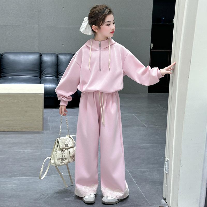 

Комплект кружевной одежды для девочек Весна и Осень 2025 - Модный однотонный для детей 170 cm розовый