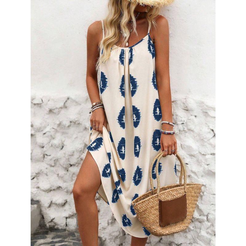 

European and American Women s Summer Geometric Print Spaghetti Shoulder Strap Casual Formal Dress Dress Navy S
