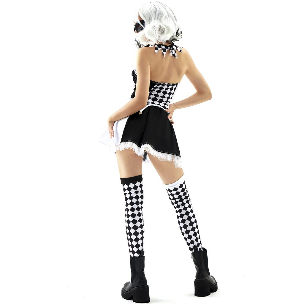 S-XL Cruella De Vil Black White Plaid Witch Queen Halloween Circus Party Costume