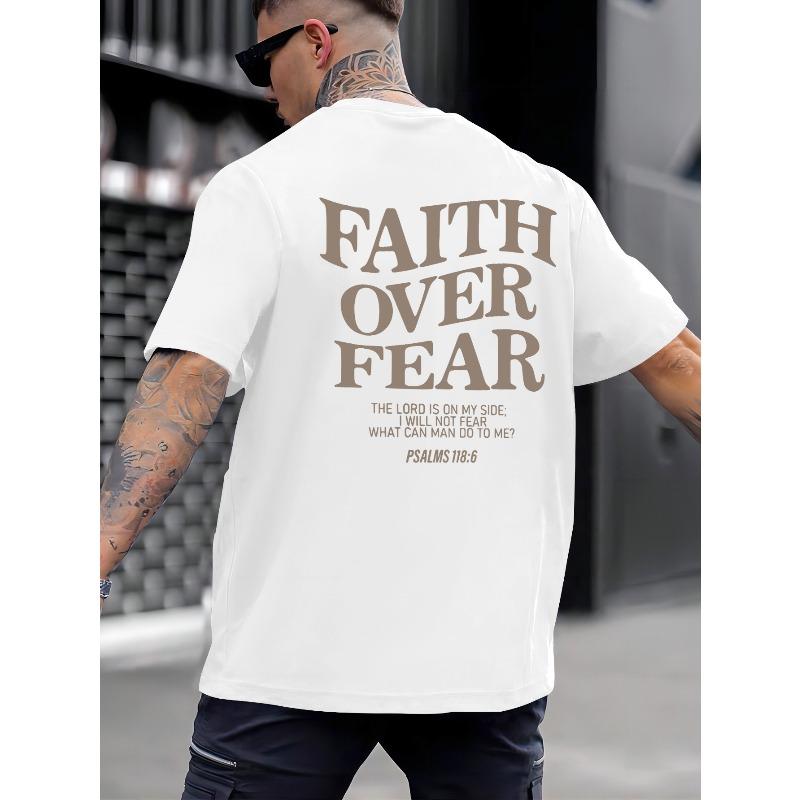 European Sizes "Faith Over Fear" T-Shirt - Men's Casual Short Sleeve Tee with Geometric Pattern