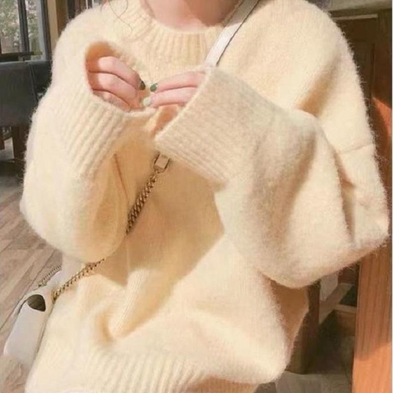 Retro loose pullover sweater women's lazy style casual versatile autumn women's solid color crew neck sweater