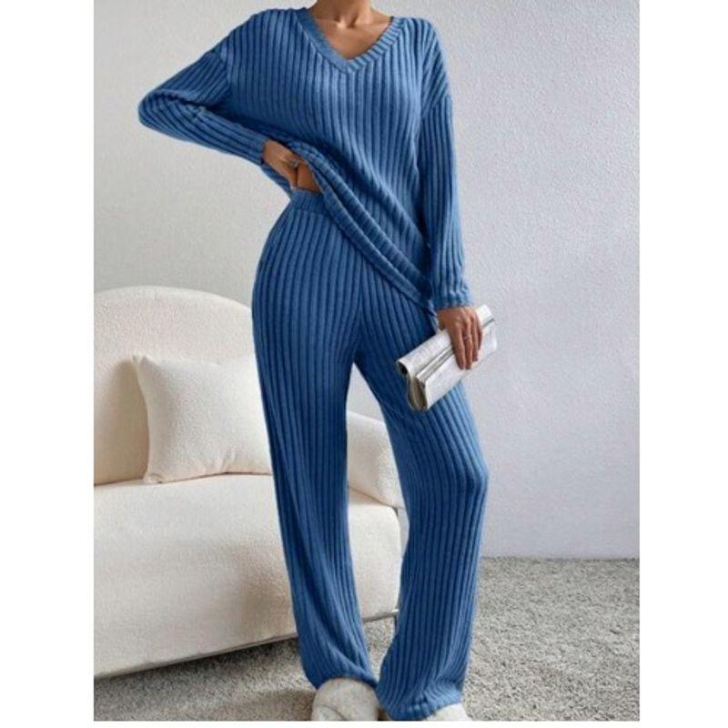 Western Style Spring and Autumn New Cross-Border V-neck Solid Sunken Stripe Loose Long Sleeves Shirt Trousers Casual Two-piece Suit Women Clothes