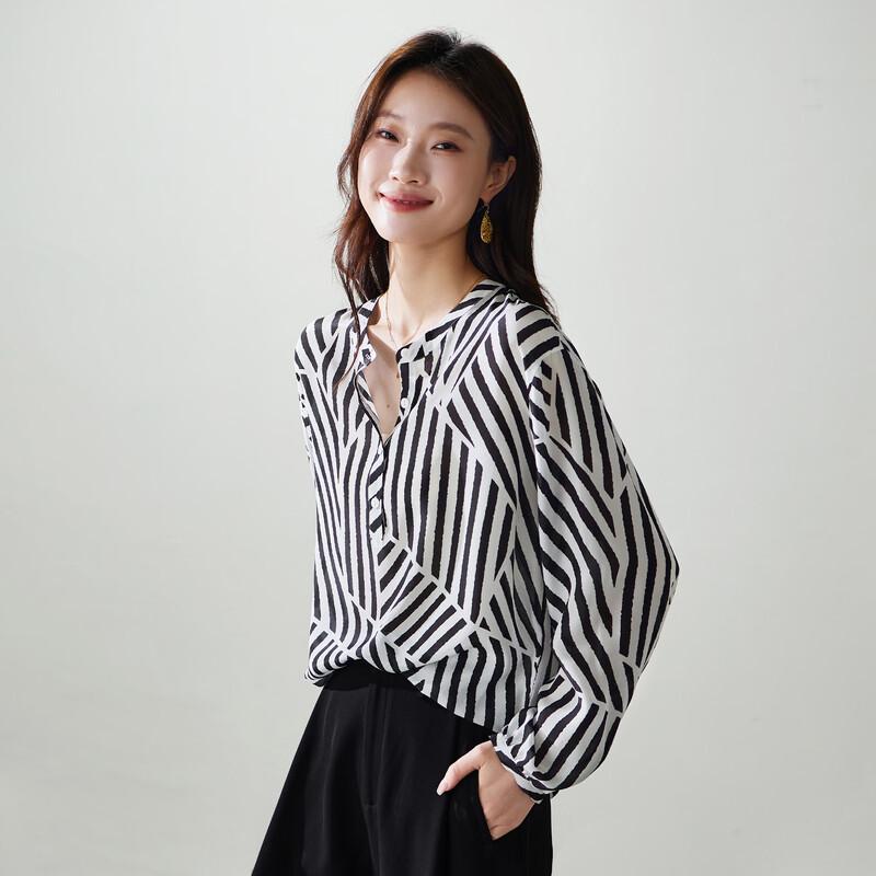 SOFSIL 2026 Spring Elegant Black White Stripe Silk Shirt