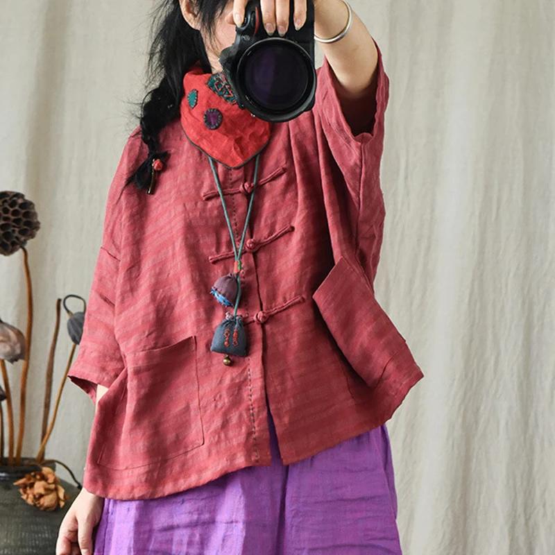 Johnature Women Shirts Chinese Style Button Tops O-Neck Short Sleeve Summer Blouses Vintage Pockets Shirts