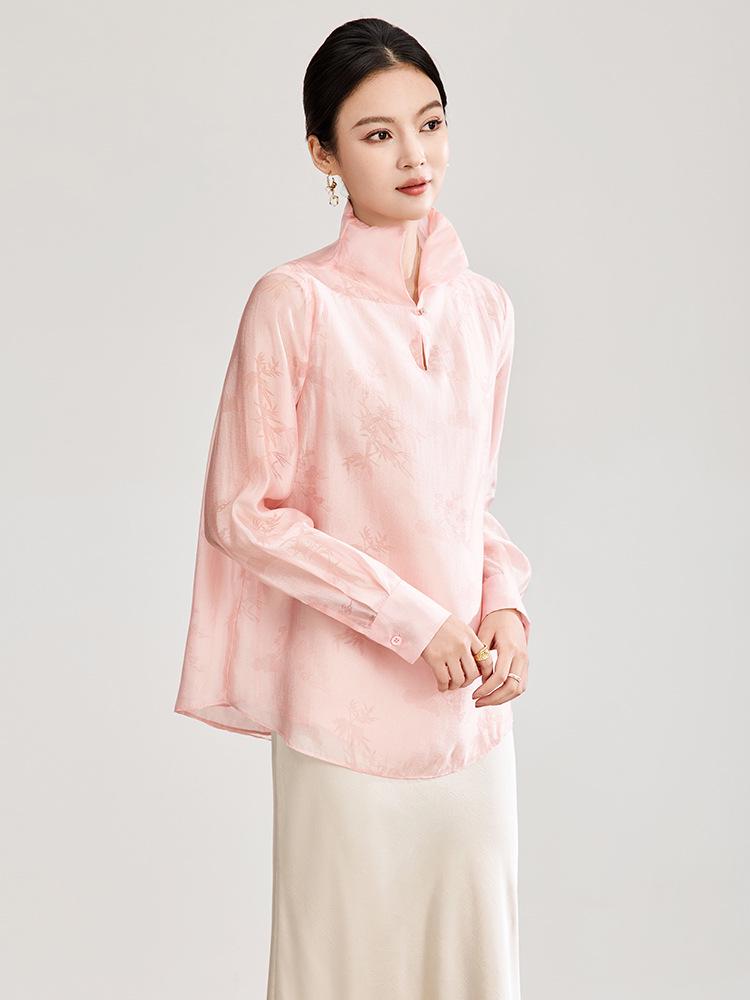 Elegant Silk Jacquard Stand Collar Shirt - Spring Style