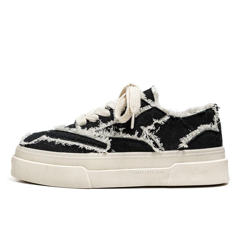 Men's Distressed Denim Canvas Shoes Thick Sole Frayed Edge Casual Low-top Fashion Shoes