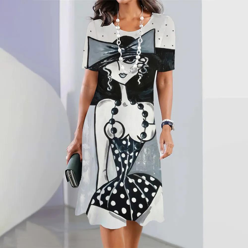2026 New Summer Fashion Women's Short-sleeved Loose Dress Ladies Holiday Casual Loose Round Neck Dress 3d Facial Printing Clothes