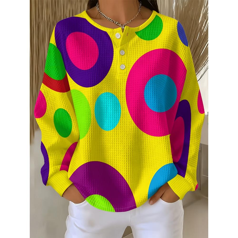Waffle- Sweatshirt Featuring a Vibrant Large Design with a Three-button Round Neckline and Long Sleeves Top