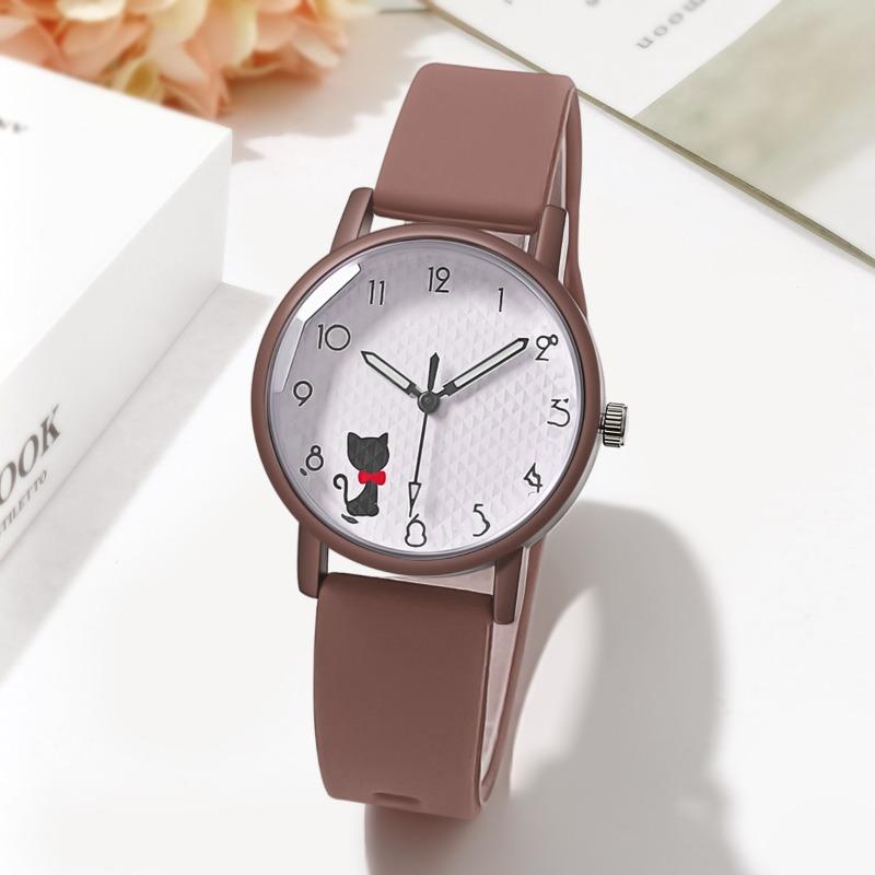 Dameshorloge jellykleur schattig katje schoolmeisje siliconen bandje quartzhorloge simpele stijl horloge