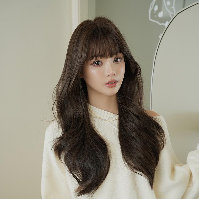 Women’s Fashion Long Curly Wig with Blunt Bangs Natural Looking Big Waves Synthetic Full Wig