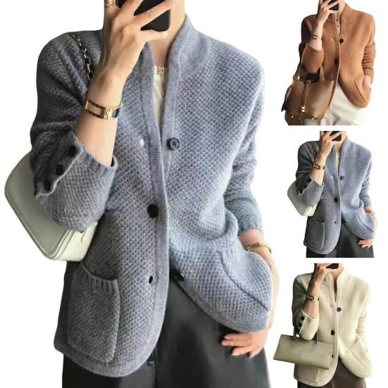 Lady Winter Coat Knitted Thickened Single-breasted Solid Color Pockets Stand Collar Warm Button Decor Cardigan Daily Wear Outdoor Sweater Jacket