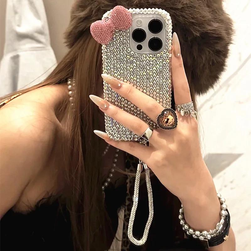 For IPhone 16 15 14 13 12 11 Pro Max 16 Plus Bow Phone Case Shiny Pink and Silver Bows Protective Jacket