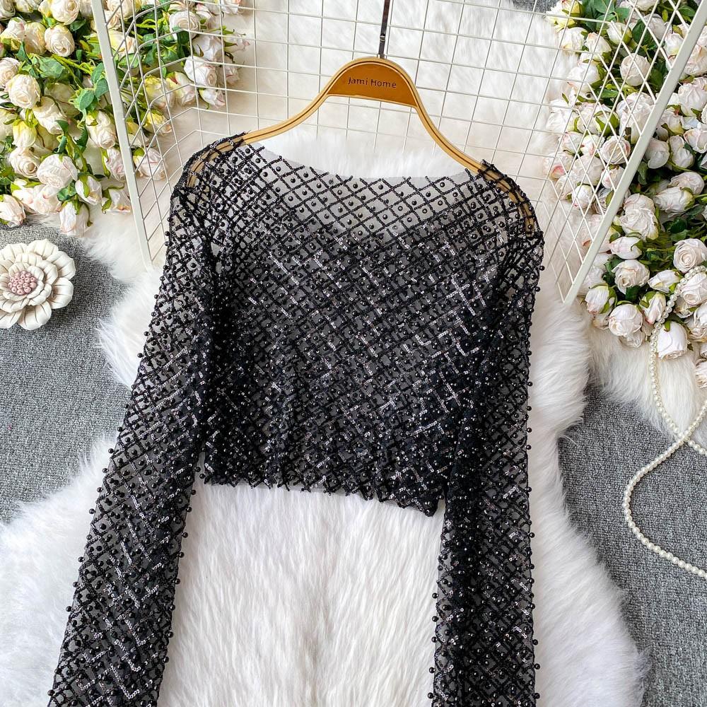 Iny Sequin Long Sve Round Ne Ort T-irt Women's Slim Fit Sli Korean Sle Commute Pure Color Summer Top