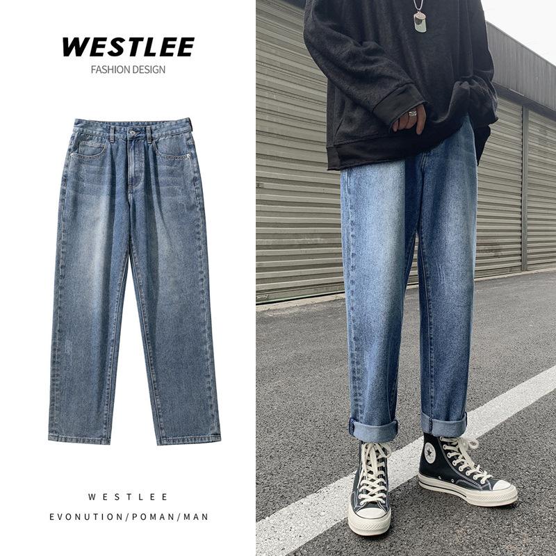 Straight denim pants, men's loose fitting wide leg pants, trendy brand retro washed trendy cropped casual pants