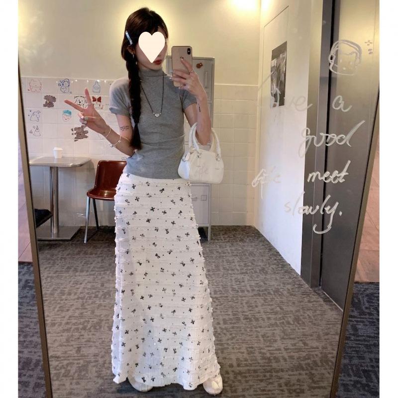 White bow print floral fishtail skirt women's summer half-body hip-wrapped dress small man