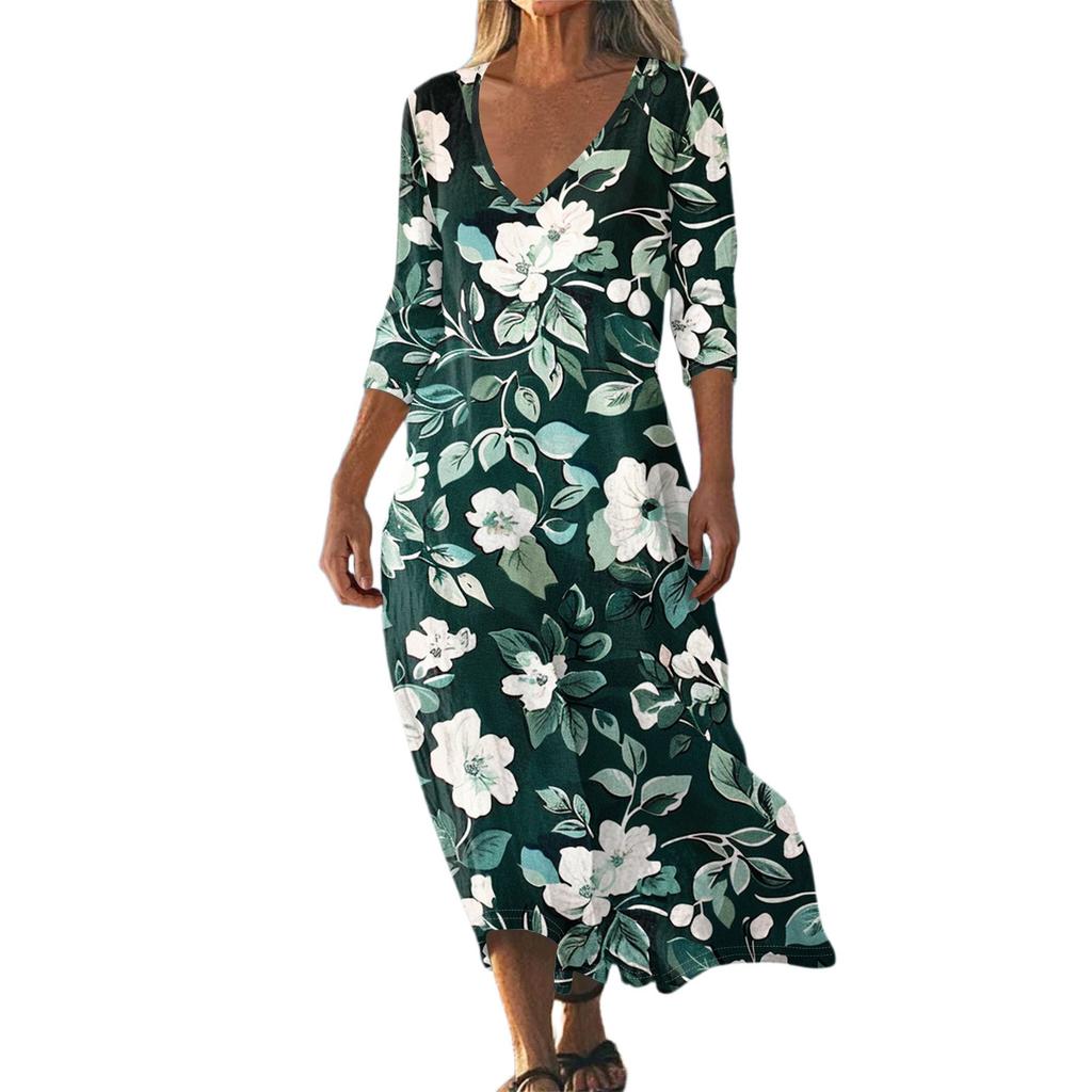 Damska Sukienka Midi z Tuniką w Stylu Vintage z Nadrukiem, Talia, Letnia Casualowa Sukienka z Rękawem 3/4 Sukienka