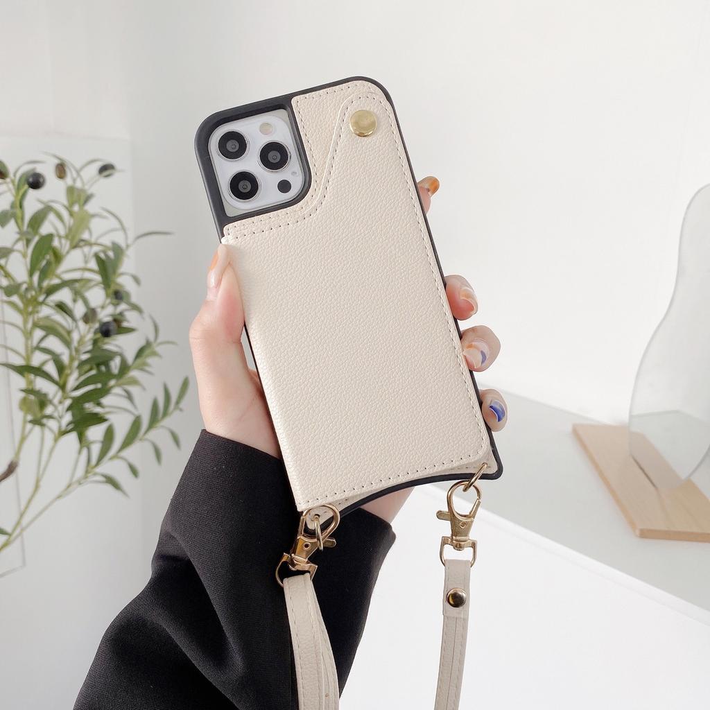 Applicable To Iphone14pro Mobile Phone Case Oblique Span Flip Cover Insert Card Mirror Leather Case 14max Japanese and Korean Strap Protective Case