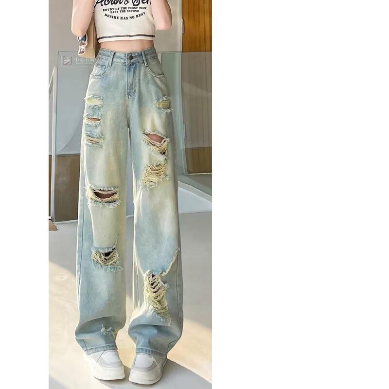 

Women s Ripped Straight-Leg Jeans - Summer 2025 Trendy Loose-Fit Beggar Style Pants Quintuple Extra Large синій