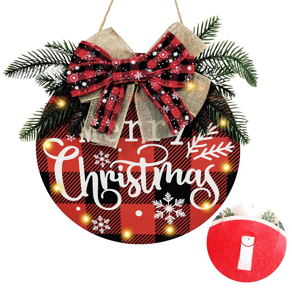 

1pc Christmas Wreath with Lights, Xmas Decorations Christmas Doorplate Merry Christmas Sign for Home Wall Window Outside Decor червоний