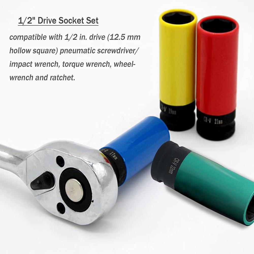 1/2"Drive Wheel Protector Impact Socket,7pcs Thin Wall Deep Impact Socket Set,Non-marring Impact Socket Set for Tire Protection