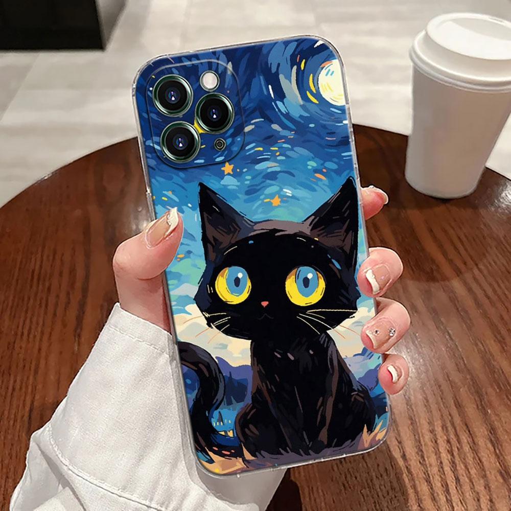 Retro Oil Painting Starry Sky Cat Case For Apple iPhone 17 16 15 14 13 12 11 Pro Max 16 Plus 16E 17Air 17Pro Phone Cover Funda
