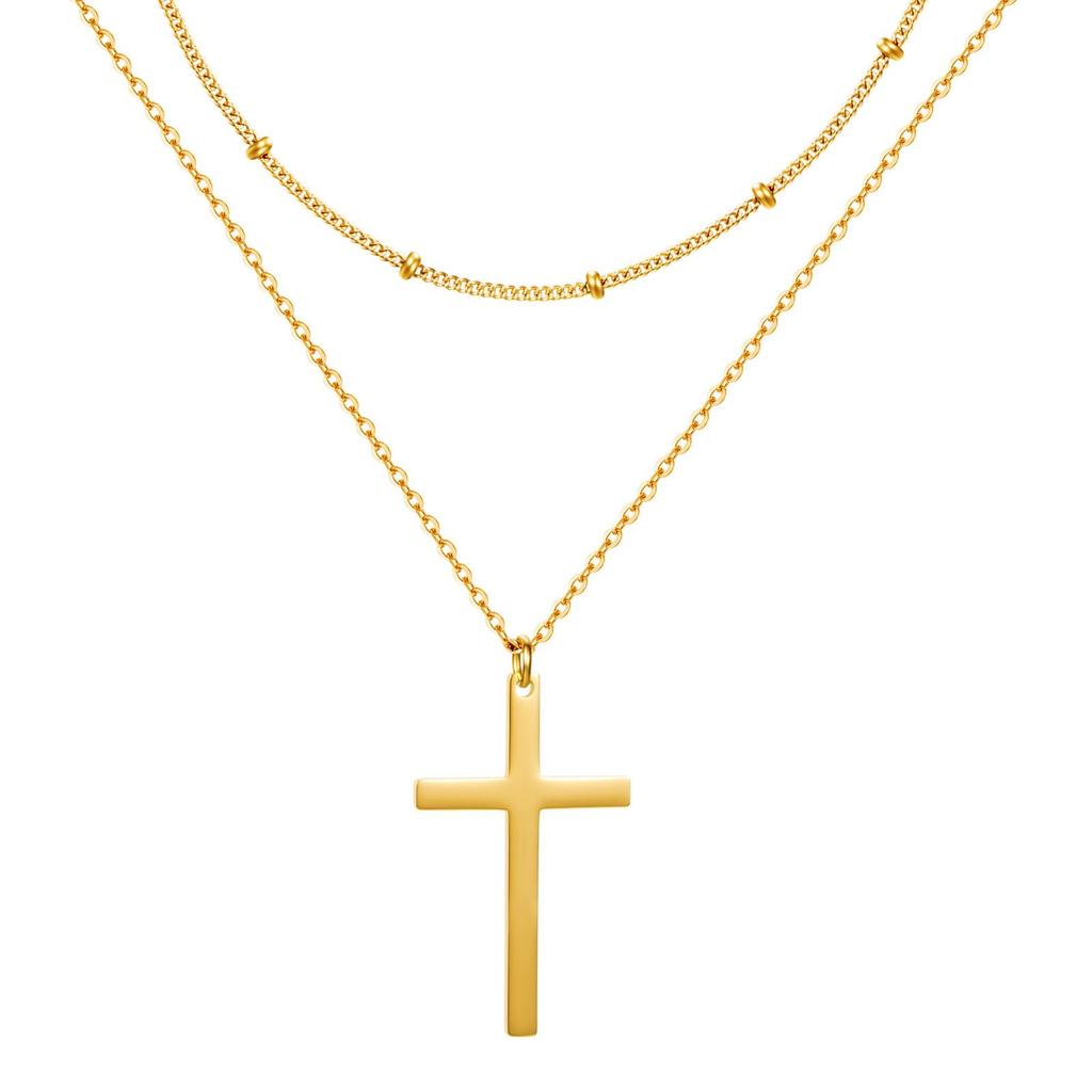Stainless Steel Double Layer Cross & Bead Necklace for Women