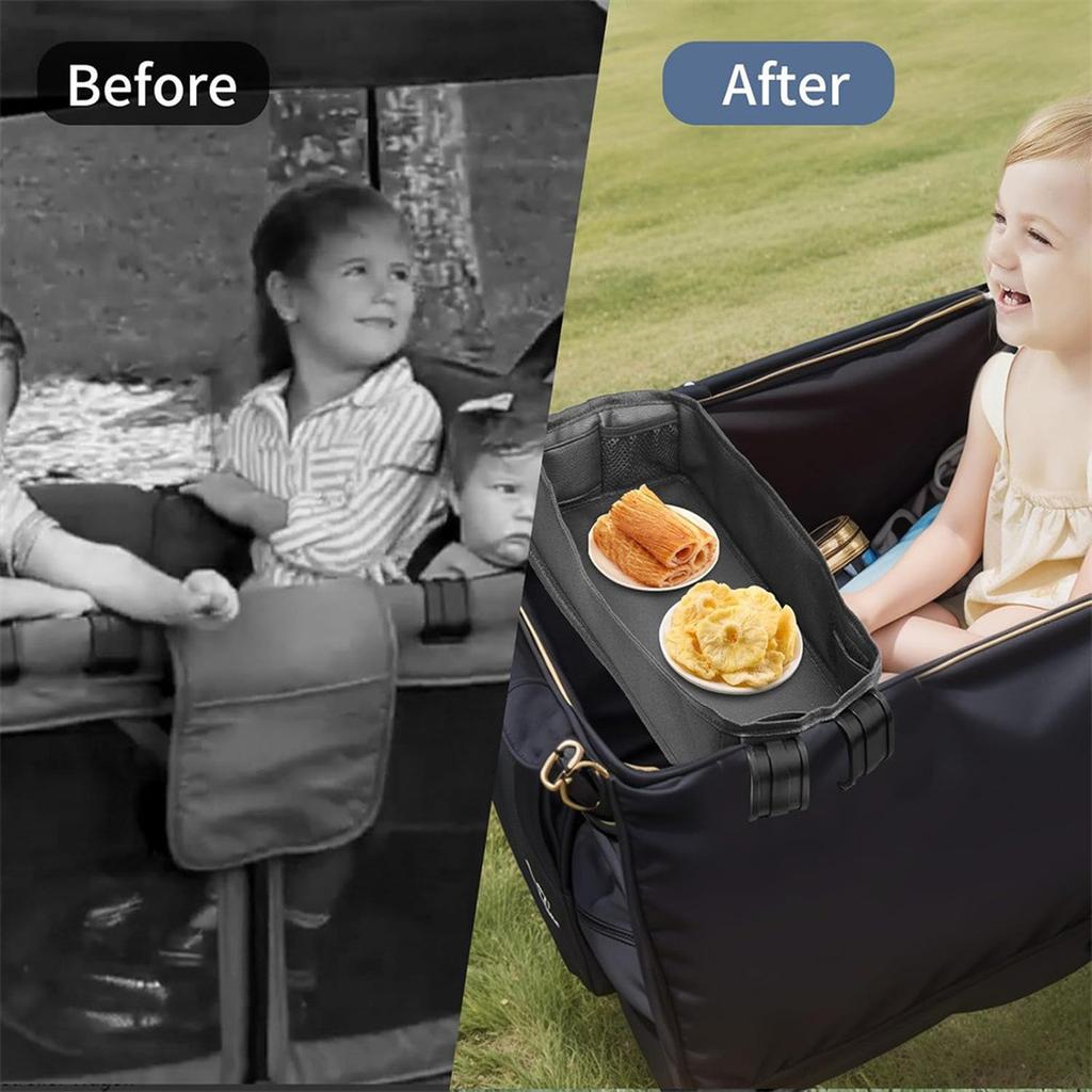 Double Sided Stroller Tray for Snacks & Activities Featuring Faux Leather Side for Eating, Polyester Side for Activities