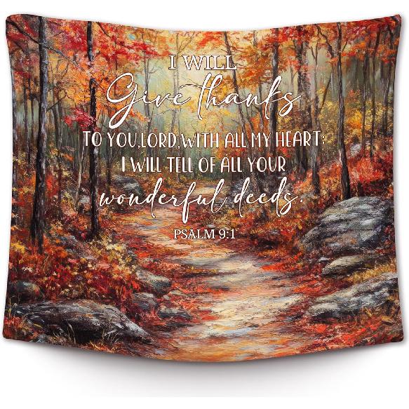 XLDLIOO Fall Christian Wall Tapestry, Fall Room Decor, Bible Verse Fall Wall Tapestry Hanging for Bedroom, Rustic Autumn Forest Religious Scripture