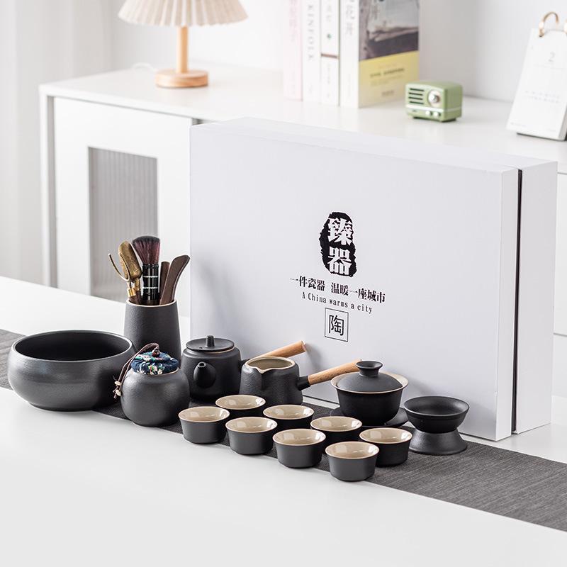 High-end Black Pottery Kung Fu Tea Set Home Living Room Simple Ceramic Dry Brew Tea Tray Light Luxury Modern Large Set Gift Box