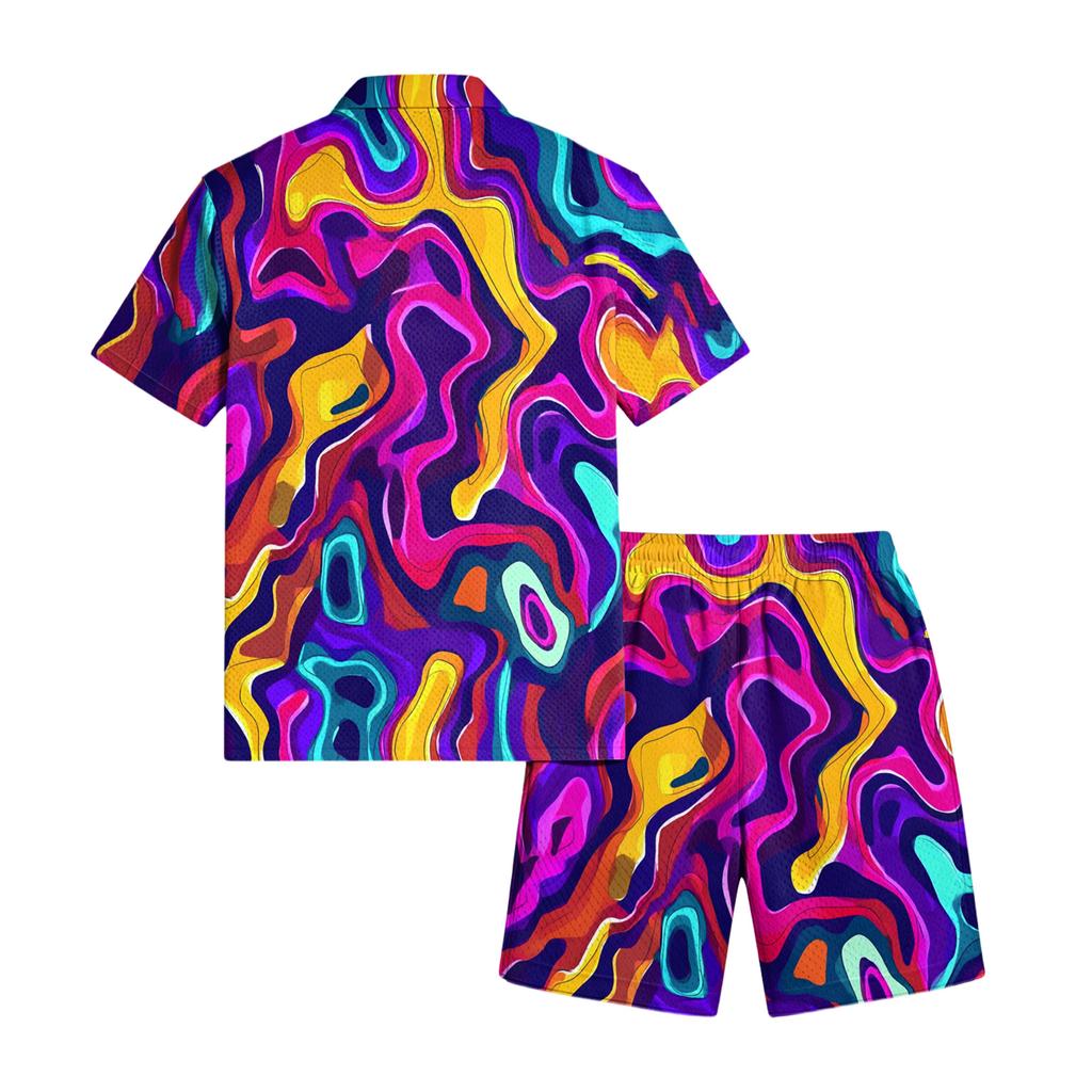 Men's Casual Lightweight Breathable Short Sleeve Shirt with Drawstring Shorts Set Swirl Pattern Summer Outfit for Outdoor Use