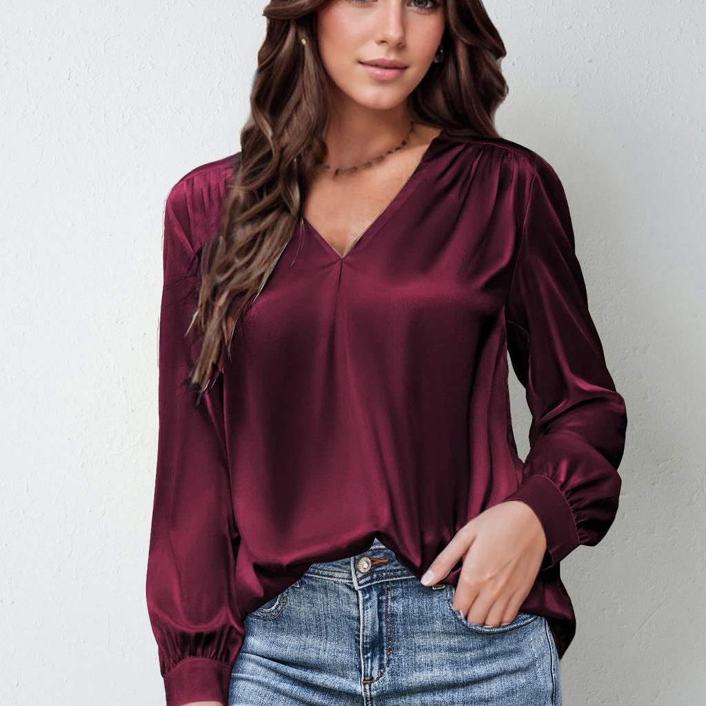 Women's satin pleated long-sleeved top with a V-neck, casual loose tinted commuter shirt