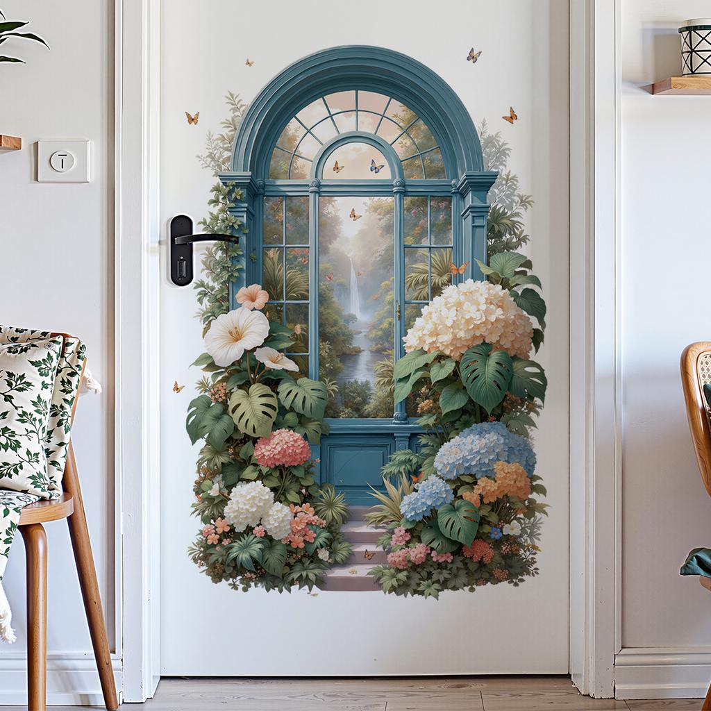 Vintage Teal Window Garden Wall Mural 3D Tropical Floral Butterfly Removable Wall Sticker for Bedroom Living Room Entryway Decor