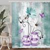 Rustic Farmhouse Floral Shower Curtain Purple Teal Daisy Flowers Butterfly Abstract Bathroom Curtain Country Farm Turquoise Blue