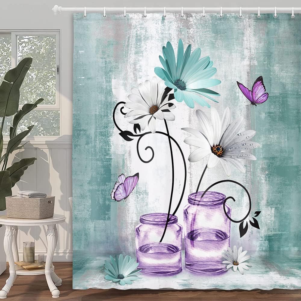 Rustic Farmhouse Floral Shower Curtain Purple Teal Daisy Flowers Butterfly Abstract Bathroom Curtain Country Farm Turquoise Blue