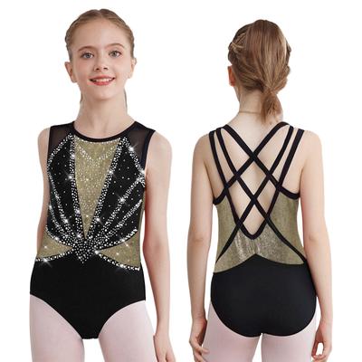 Mädchen Colorblock Metallic Turnanzug Rundhals Ärmellos Überkreuzter Rücken Glänzende Strasssteine Body Gymnastik Tanz