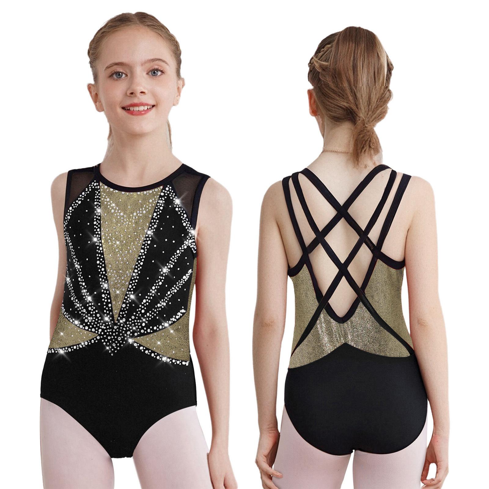 

Дівчачий Кольоровий Блок Металізований Леотар Круглий Виріз Без Рукавів Перехрещена Спина Блискучі Стрази Боді Гімнастика Танці 5-6 Years золотий/чорний
