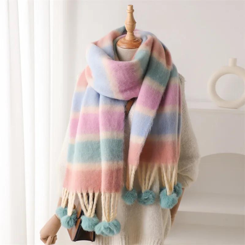 Women Cute Winter Warm Thicken Scarf Men Cashmere Imitation Scarves Fashion Girls Soft Fringed Hairball Holiday Gifts Cold Proof